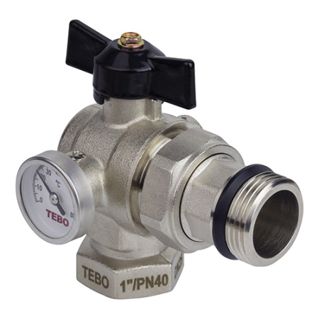 Кран шаровой TEBO с термометром, угловой, ручка-бабочка (черная)