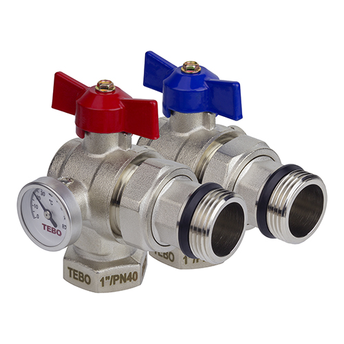 Новый товар «Кран шаровой TEBO с термометром, угловой, ручка-бабочка (красная и синяя)»