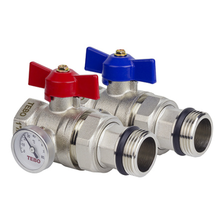 Кран шаровой TEBO с термометром, прямой, ручка-бабочка (красная и синяя)