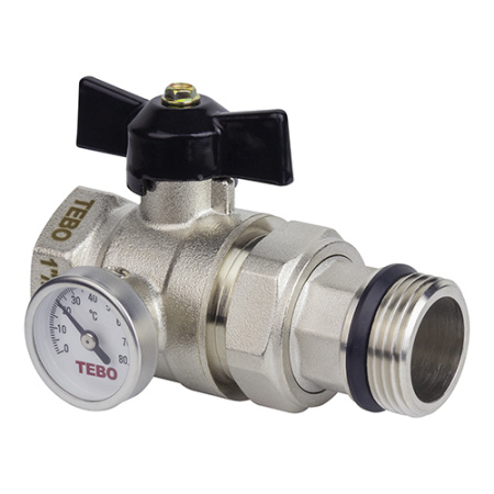 Кран шаровой TEBO с термометром, прямой, ручка-бабочка (черная)