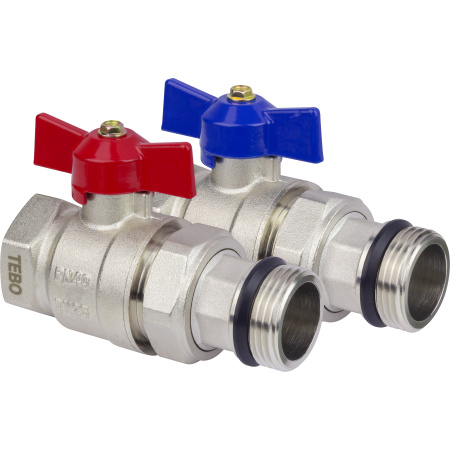 Кран шаровой TEBO без термометра, прямой, ручка-бабочка (красная и синяя)